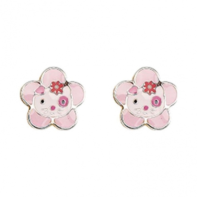 Pendientes de bebé de oro amarillo de 9 Kt con esmalte, flor rosa con carita