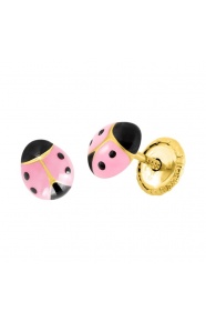 Pendientes de bebé de oro amarillo de 9 Kt con esmalte, mariquita rosa abombada