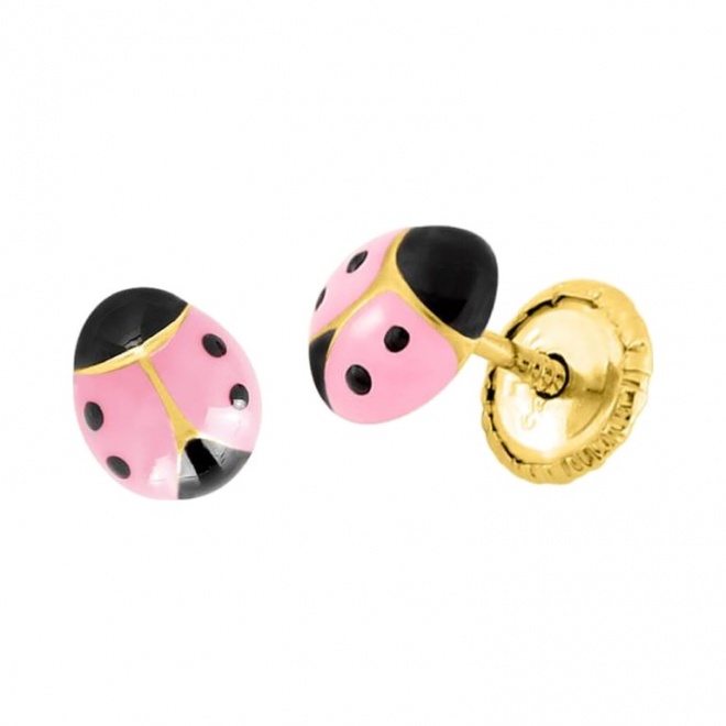 Pendientes de bebé de oro amarillo de 9 Kt con esmalte, mariquita rosa abombada