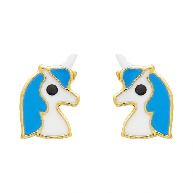 Pendientes de bebé de oro amarillo de 9 Kt con esmalte, unicornio azul