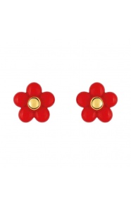 Pendientes de bebé de oro amarillo de 9 Kt con esmalte, flor roja con botón dorado
