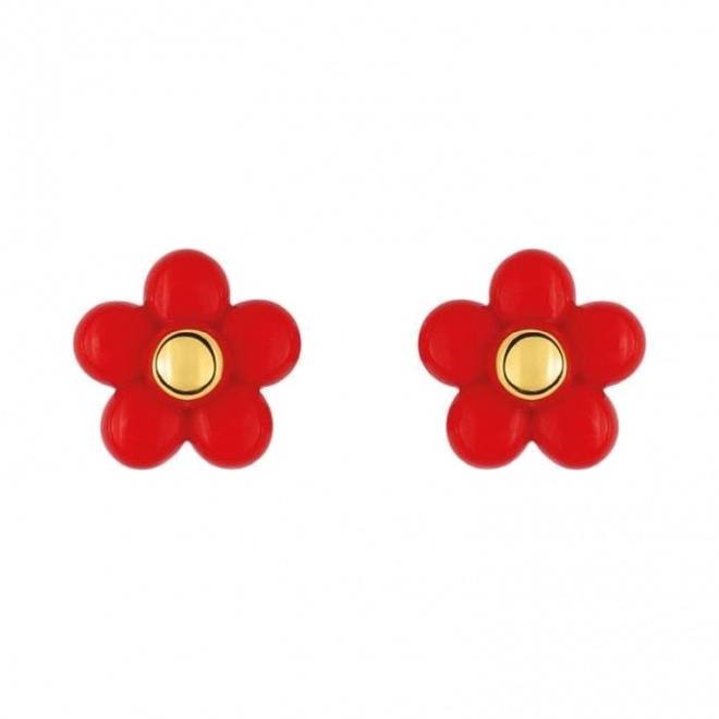 Pendientes de bebé de oro amarillo de 9 Kt con esmalte, flor roja con botón dorado