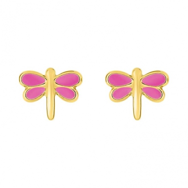 Pendientes de bebé de oro amarillo de 9 Kt con esmalte, libélula rosa