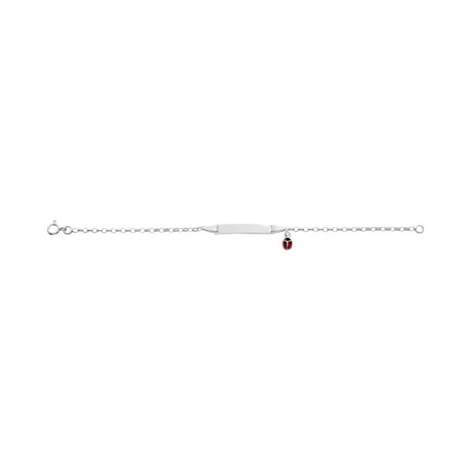 Pulsera infantil con placa recta de plata 925 con esmalte, mariquita colgante