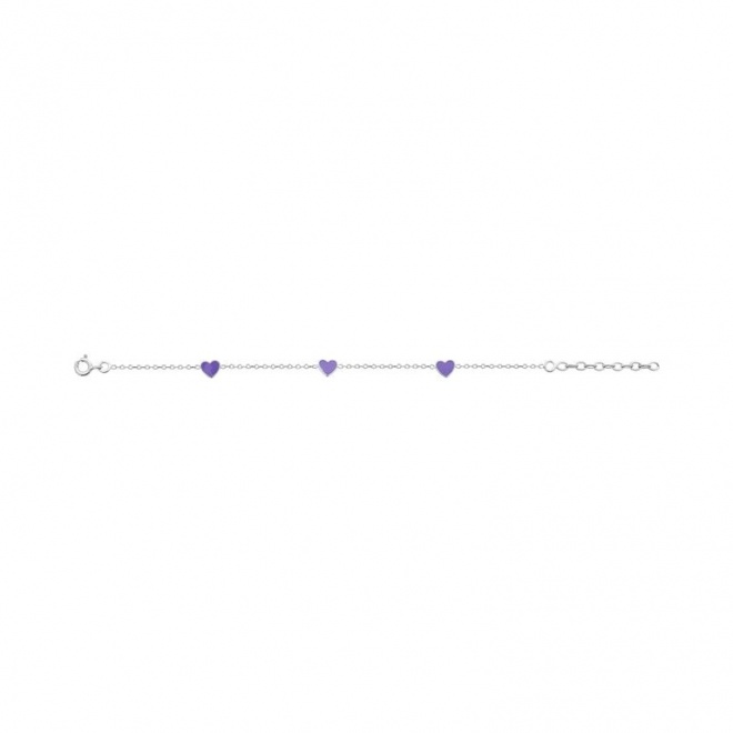 Pulsera infantil de plata 925 con esmalte, corazones lilas