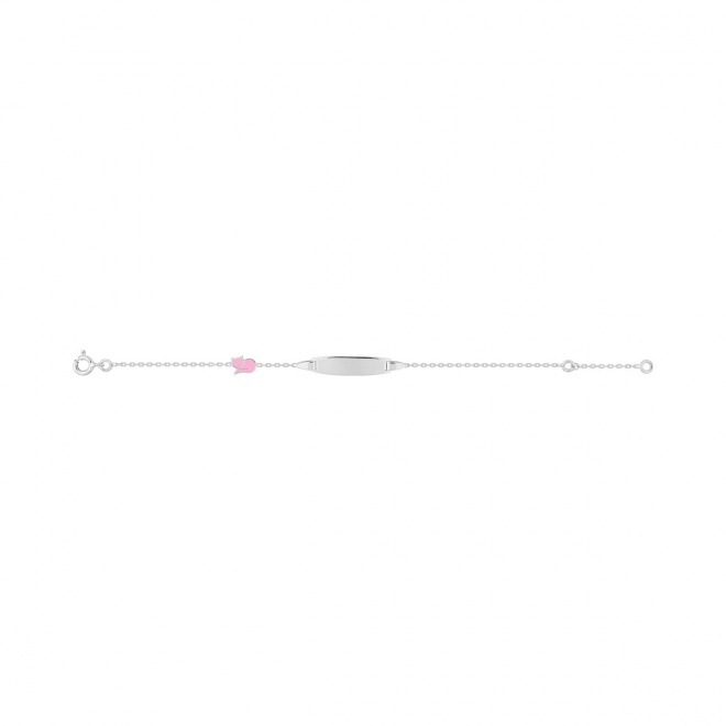 Pulsera infantil con placa recta de plata 925 con esmalte, mariposa rosa