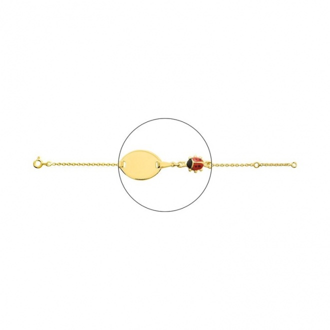 Pulsera infantil con placa ovalada chapada en oro con esmalte, mariquita