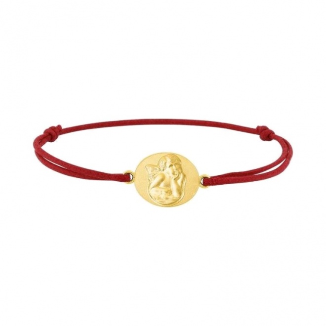 Pulsera infantil chapada en oro y cordón rojo, medalla ovalada de ángel