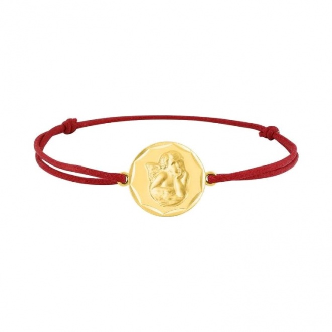 Pulsera infantil chapada en oro y cordón rojo, medalla redonda de ángel