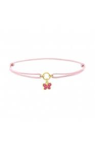 Pulsera infantil chapada en oro y cordón rosa, mariposa esmaltada