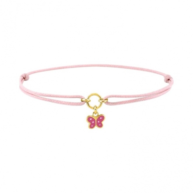 Pulsera infantil chapada en oro y cordón rosa, mariposa esmaltada