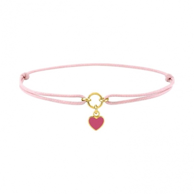 Pulsera infantil chapada en oro y cordón rosa, corazón esmaltado