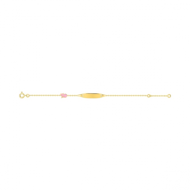 Pulsera infantil con placa redondeada chapada en oro con esmalte, gatito rosa