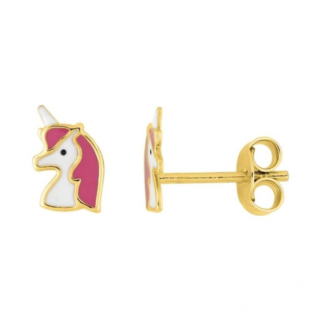 Pendientes infantiles chapados en oro con esmalte, unicornio