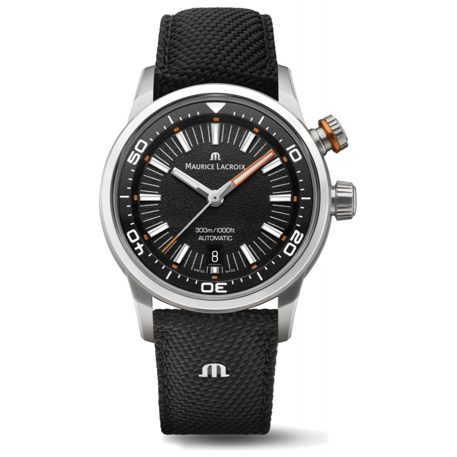 Maurice Lacroix Pontos S Diver ∅42 mm - 30 ATM, Esfera negra, brazalete de caucho naranja + correa de nylon negro