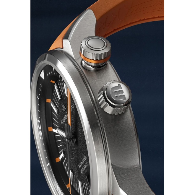 Maurice Lacroix Pontos S Diver ∅42 mm - 30 ATM, Esfera negra, brazalete de caucho naranja + correa de nylon negro