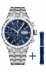 Maurice Lacroix Aikon Automatic Chronograph ∅44 mm - 20 ATM, Esfera azul, Brazalete de Acero + Caucho Azul.