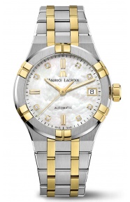 Maurice Lacroix Aikon Automatic Date ∅35 mm - 20 ATM, Bicolor, Esfera Nácar con 8 brillantes, Brazalete de Acero y Oro.