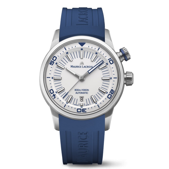 Maurice Lacroix Pontos S Diver ∅42 mm - 30 ATM, Esfera blanca, brazalete de caucho azul + correa de nylon azul, blanco