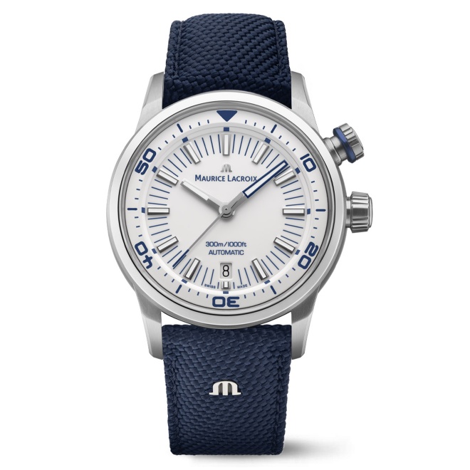 Maurice Lacroix PONTOS S Diver ∅42 mm - 30 ATM Esfera blanca, Brazalete de Caucho azul + Nylon azul.