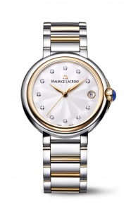Maurice Lacroix Fiaba Date ∅32 mm - 3 ATM, Esfera plateada, brazalete de acero y oro rosa. 11 diamantes