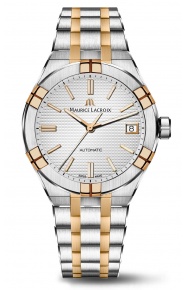Maurice Lacroix Aikon Automatic Date ∅39 mm - 20 ATM, Esfera Plateada oro rosa, Brazalete de Acero y Oro Rosa