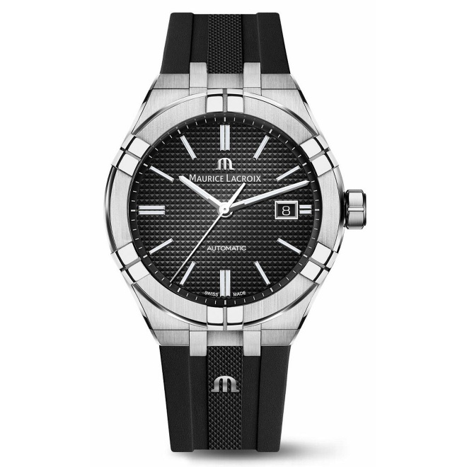 Maurice Lacroix Aikon Automatic Date ∅42 mm - 20 ATM, Esfera negra, brazalete de acero + correa de caucho negro