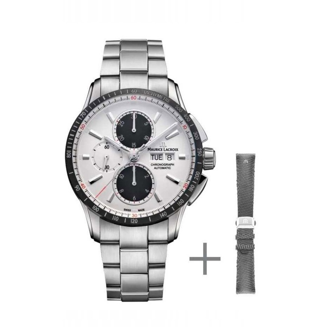Maurice Lacroix Pontos S Chronograph ∅43 mm - 10 ATM Esfera negra, Brazalete de acero + brazalete de nailon