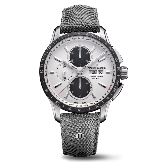 Maurice Lacroix Pontos S Chronograph ∅43 mm - 10 ATM, Esfera plateada, brazalete de acero + correa de nailon