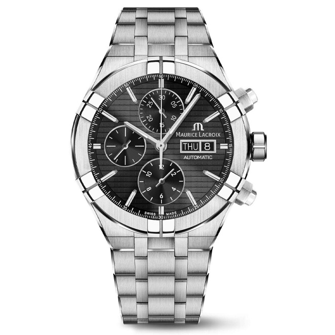 Maurice Lacroix Aikon Automatic Chronograph ∅44 mm - 20 ATM, Esfera negra, brazalete de acero + correa de caucho negro