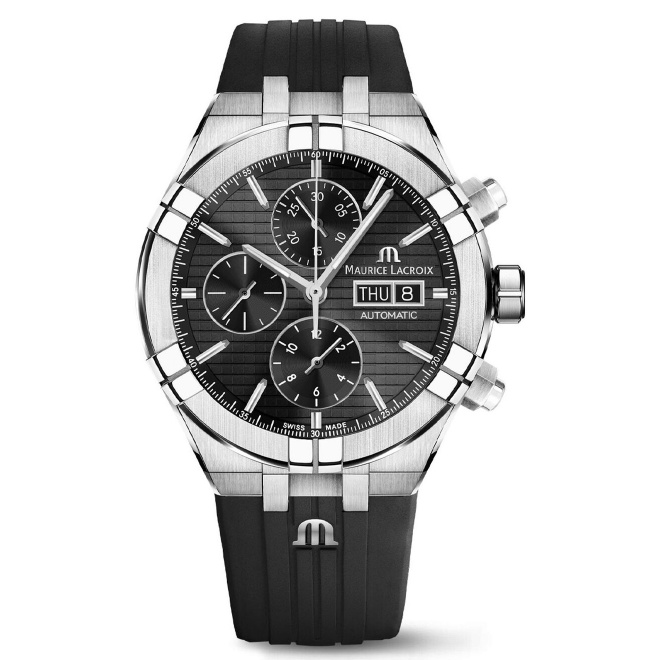 Maurice Lacroix Aikon Automatic Chronograph ∅44 mm - 20 ATM, Esfera negra, brazalete de acero + correa de caucho negro