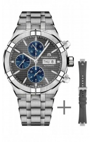 Maurice Lacroix Aikon Automatic Chronograph ∅44 mm - 20 ATM, Esfera gris y azul, Brazalete de Acero + Caucho gris