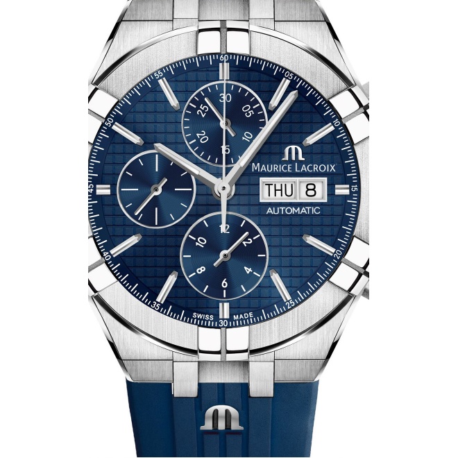 Maurice Lacroix Aikon Automatic Chronograph ∅44 mm - 20 ATM, Esfera azul/azul, brazalete de acero + correa de caucho azul