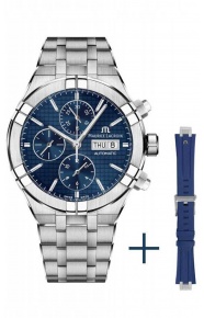 Maurice Lacroix Aikon Automatic Chronograph ∅44 mm - 20 ATM, Esfera azul/azul, Brazalete de Acero + Caucho azul