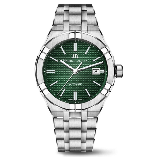 Maurice Lacroix Aikon Automatic Date ∅42 mm - 20 ATM, Esfera verde, brazalete de acero + correa de caucho verde