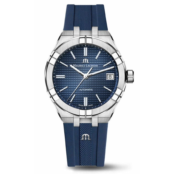 Maurice Lacroix Aikon Automatic Date ∅39 mm - 20 ATM, Esfera azul, brazalete de acero + correa de caucho azul