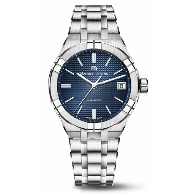 Maurice Lacroix Aikon Automatic Date ∅39 mm - 20 ATM, Esfera azul, brazalete de acero + correa de caucho azul