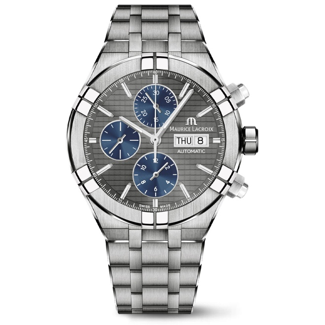 Maurice Lacroix Aikon Automatic Chronograph ∅44 mm - 20 ATM, Esfera gris/azul, Brazalete de acero