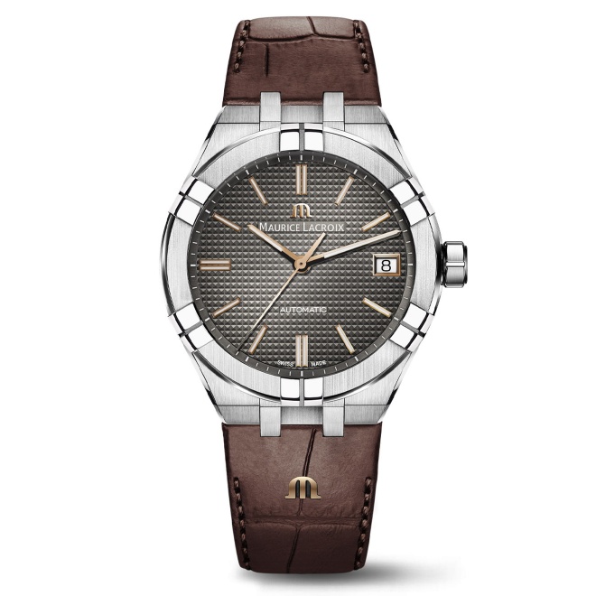 Maurice Lacroix Aikon Automatic Venturer ∅39 mm - 20 ATM, Esfera gris indices oro rosa, Brazalete de piel marrón