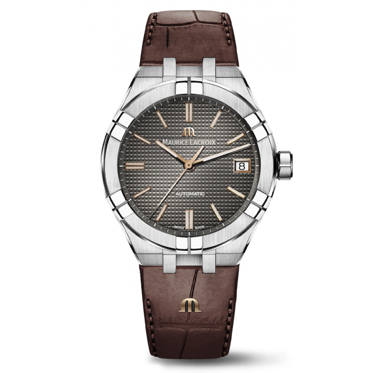 Maurice Lacroix Aikon Automatic Venturer ∅39 mm - 20 ATM, Esfera gris indices oro rosa, Brazalete de piel marrón