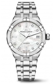 Maurice Lacroix Aikon Automatic Date ∅39 mm - 20 ATM, Esfera nácar blanco 8 diamantes, Brazalete de acero