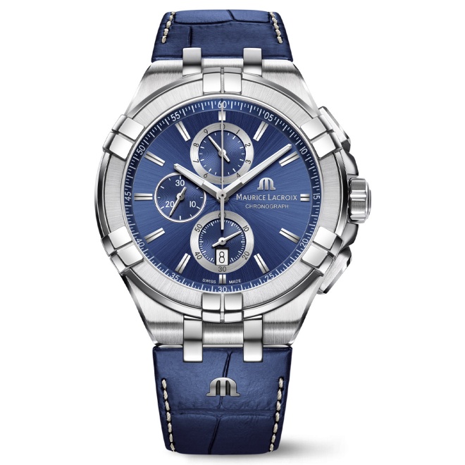 Maurice Lacroix Aikon Quartz Chronograph ∅43,5 mm - 10 ATM, Esfera azul, Brazalete de piel azul.