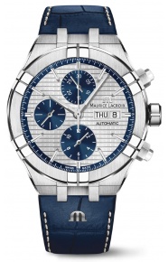 Maurice Lacroix Aikon Automatic Chronograph ∅44 mm - 20 ATM, Esfera gris/azul, Brazalete de piel azul