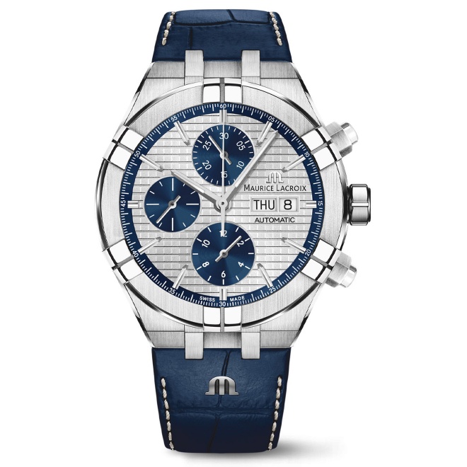 Maurice Lacroix Aikon Automatic Chronograph ∅44 mm - 20 ATM, Esfera gris/azul, Brazalete de piel azul