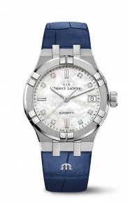 Maurice Lacroix Aikon Automatic Date ∅35 mm - 20 ATM, Esfera nácar blanco 8 diamantes, Brazalete de piel azul