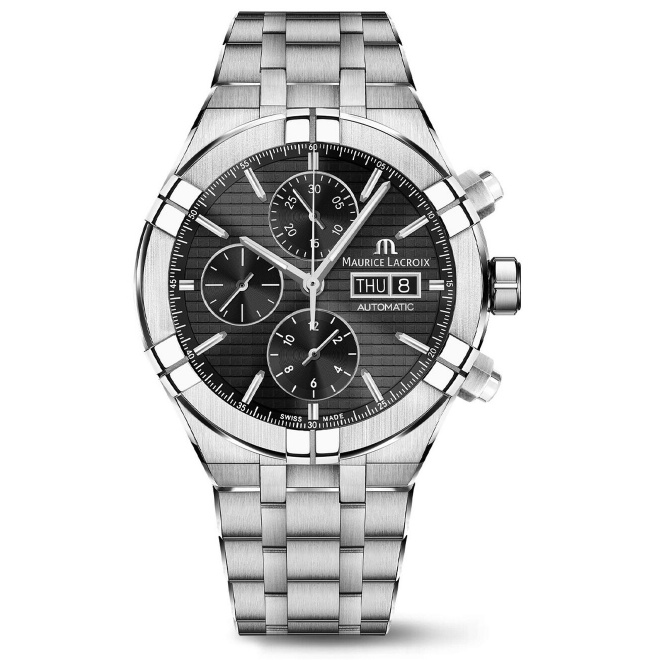 Maurice Lacroix Aikon Automatic Chronograph ∅44 mm - 20 ATM, Esfera negra, brazalete de piel negra + brazalete de acero