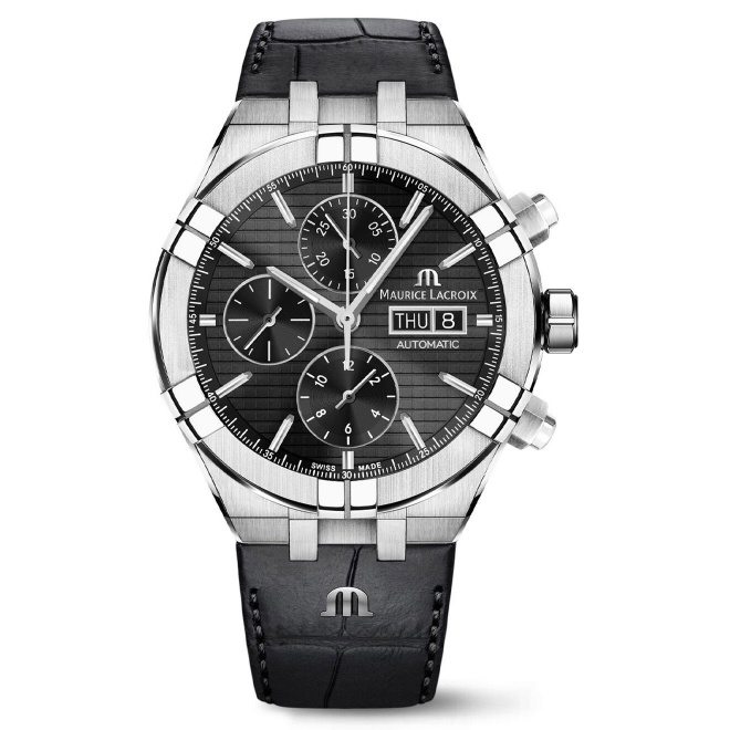 Maurice Lacroix Aikon Automatic Chronograph ∅44 mm - 20 ATM, Esfera negra, brazalete de piel negra + brazalete de acero