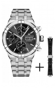 Maurice Lacroix Aikon Automatic Chronograph ∅44 mm - 20 ATM, Esfera negra, Brazalete de piel negra + Brazalete de acero