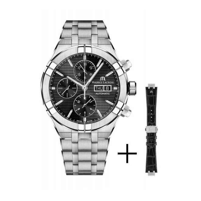 Maurice Lacroix Aikon Automatic Chronograph ∅44 mm - 20 ATM, Esfera negra, Brazalete de piel negra + Brazalete de acero