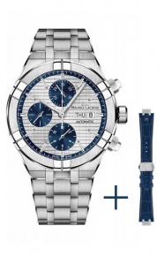 Maurice Lacroix Aikon Automatic Chronograph ∅44 mm - 20 ATM, Esfera gris/azul, Brazalete de acero + Brazalete de piel azul